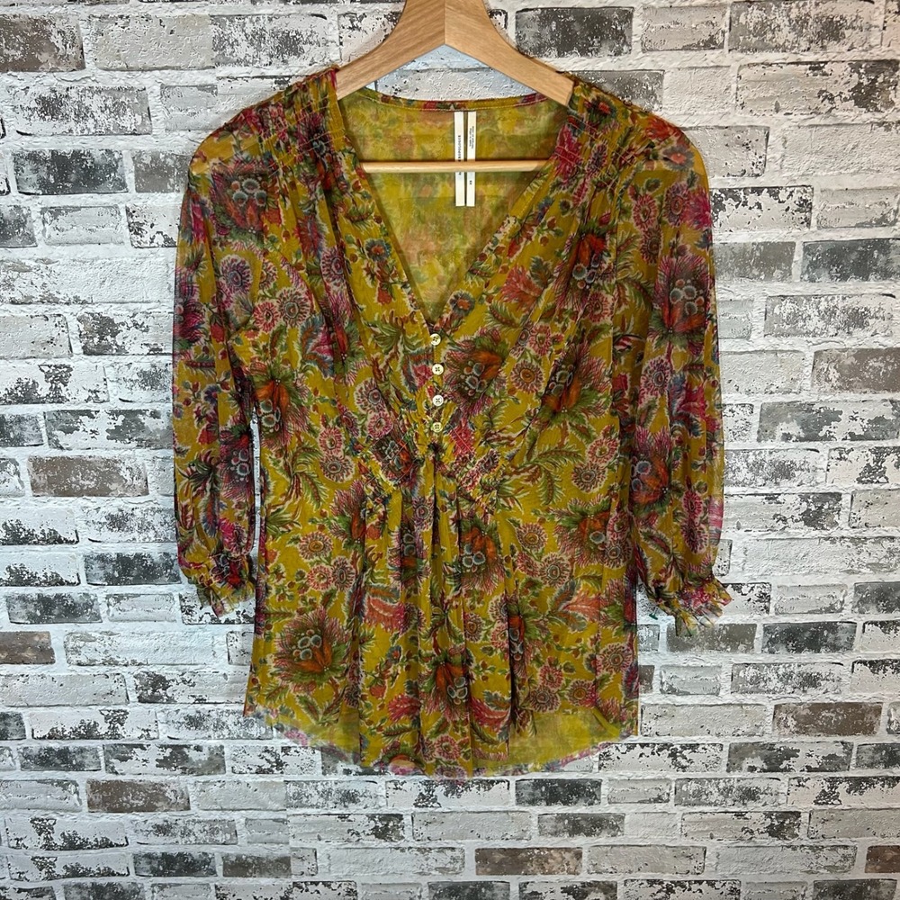 Anthropologie Yellow Floral Mesh V-Neck Blouse Button Front Smocked XS